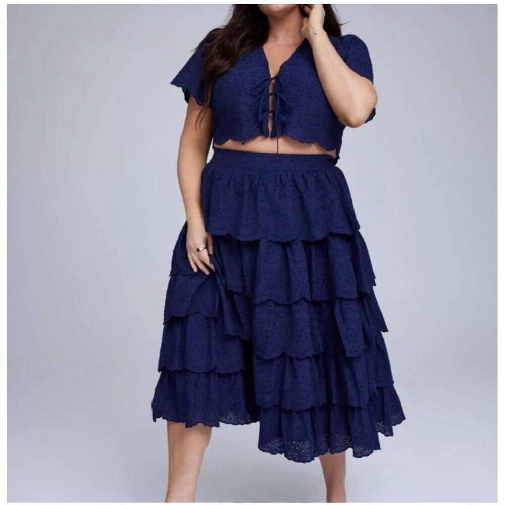 Peacoat Belle Island Pull On Tiered Eyelet Midi Blue Skirt 2XL Boho Party Summer